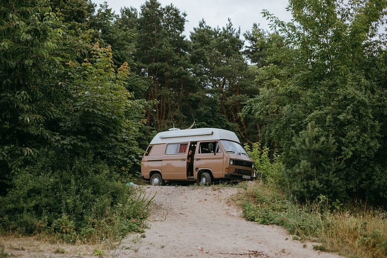 A woman peeks out of a van at an unannounced campsite