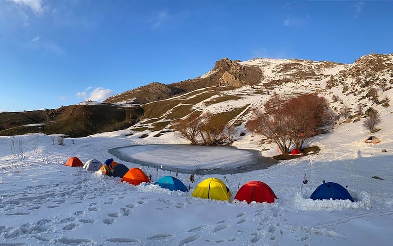 Campsite Tents in Snow, winter camping